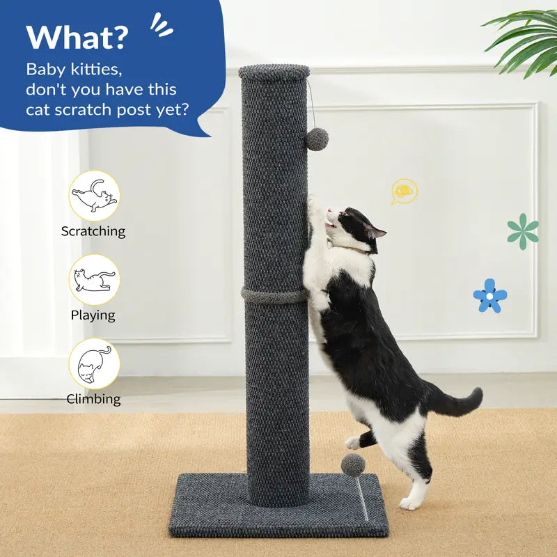 Made4Pets Plain Freestanding Sisal Vertical Scratcher for Indoor Cats, 19.25" L X 19.25" W X 41.73" H, Sturdy Base, Replaceable Spring Toy, Compact Design, Space-Saving Build, Supports Nail Health, Deters Sofa Scratching,Familyfun