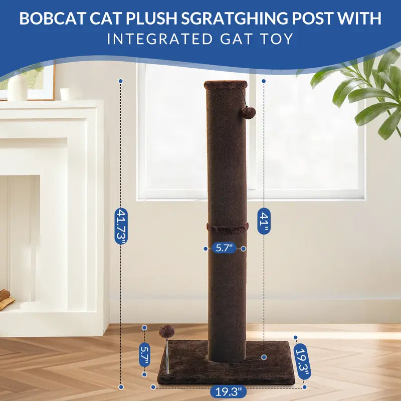 Made4Pets Plain Freestanding Sisal Vertical Scratcher for Indoor Cats, 19.25" L X 19.25" W X 41.73" H, Sturdy Base, Replaceable Spring Toy, Compact Design, Space-Saving Build, Supports Nail Health, Deters Sofa Scratching,Familyfun