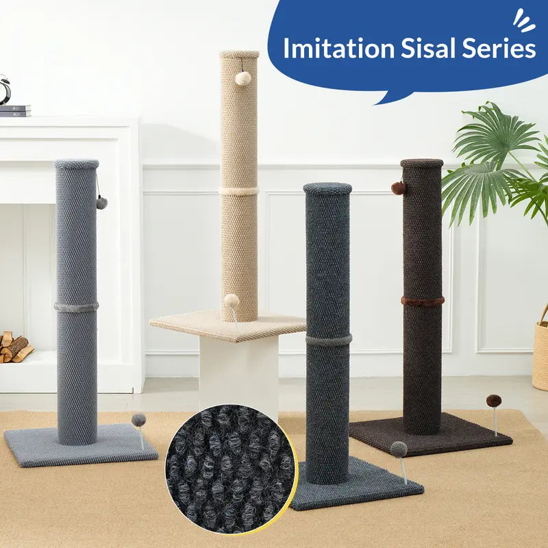Made4Pets Plain Freestanding Sisal Vertical Scratcher for Indoor Cats, 19.25" L X 19.25" W X 41.73" H, Sturdy Base, Replaceable Spring Toy, Compact Design, Space-Saving Build, Supports Nail Health, Deters Sofa Scratching,Familyfun