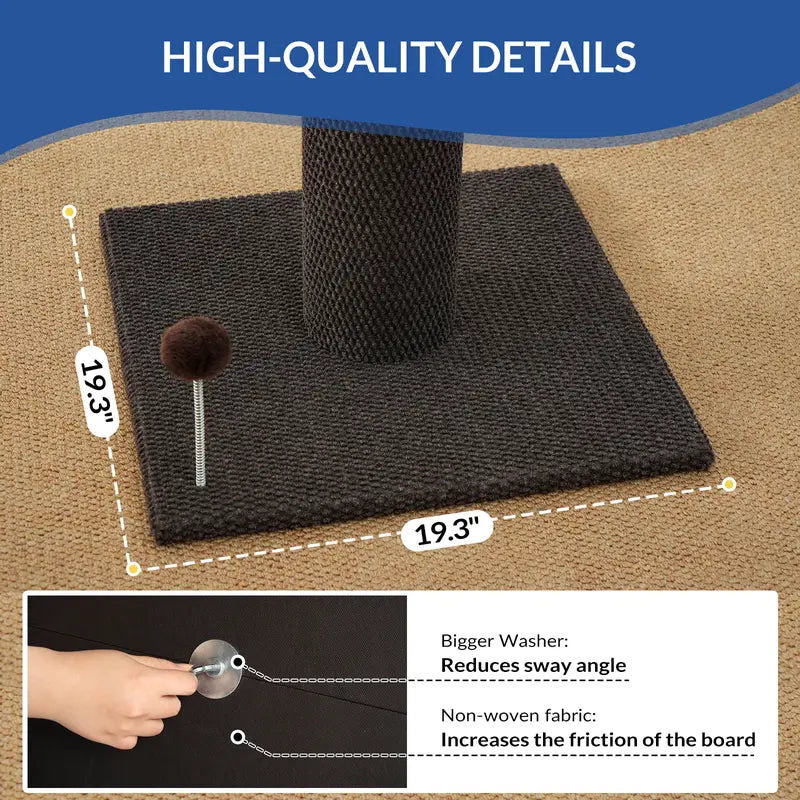 Made4Pets Plain Freestanding Sisal Vertical Scratcher for Indoor Cats, 19.25" L X 19.25" W X 41.73" H, Sturdy Base, Replaceable Spring Toy, Compact Design, Space-Saving Build, Supports Nail Health, Deters Sofa Scratching,Familyfun