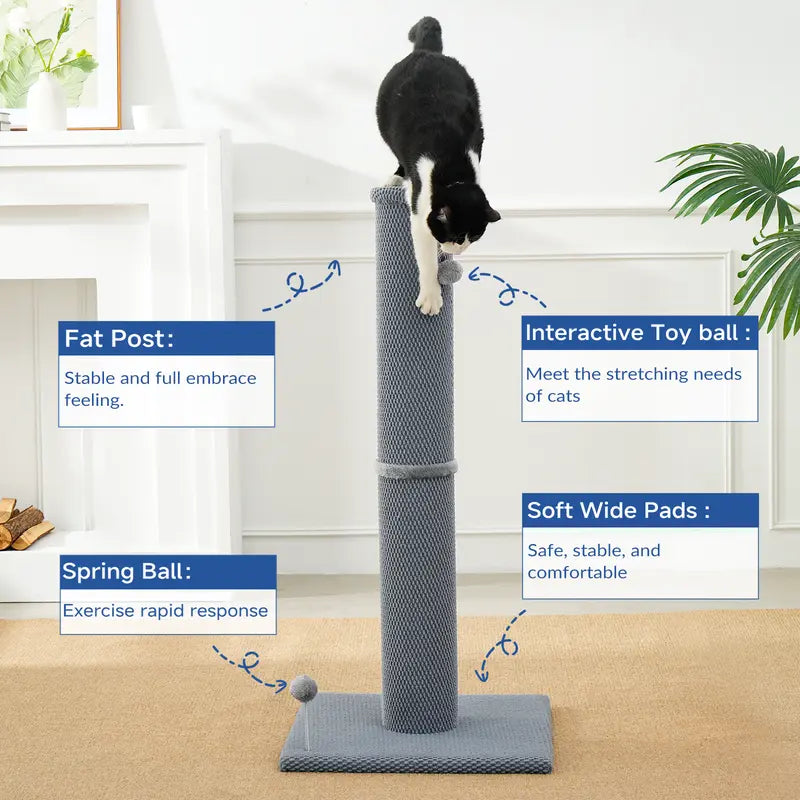Made4Pets Plain Freestanding Sisal Vertical Scratcher for Indoor Cats, 19.25" L X 19.25" W X 41.73" H, Sturdy Base, Replaceable Spring Toy, Compact Design, Space-Saving Build, Supports Nail Health, Deters Sofa Scratching,Familyfun